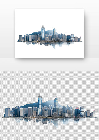 现代都市天际线与宁静水面的完美倒影 PNG