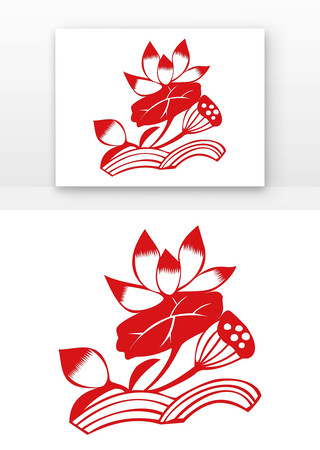 剪纸 莲花 红色 EPS