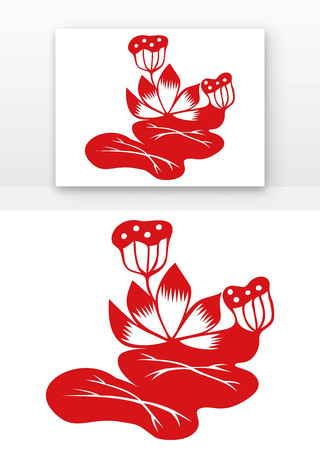 剪纸 莲花 红色 EPS