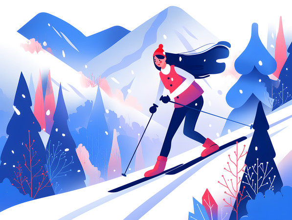 明媚女性滑雪者红树雪野人物插画