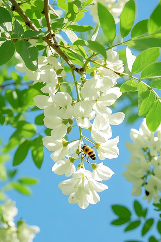 蓝天白花间的采蜜蜜蜂
