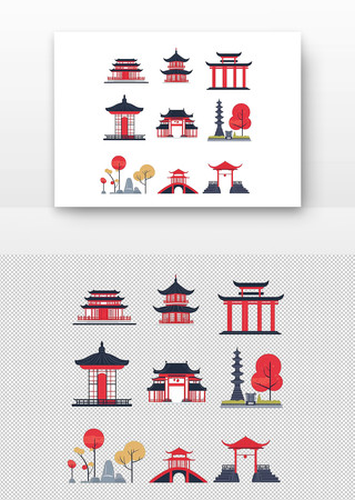 日本传统建筑与园林的简约插画 PNG