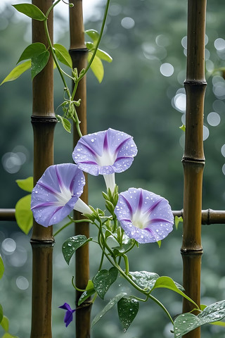 带露紫牵牛花攀竹栅栏