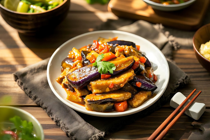 美味红烧茄子摆盘特写
