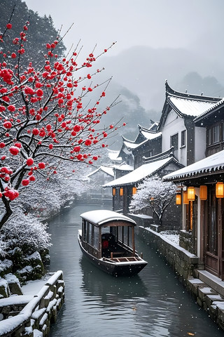 雪后江南水乡小船景致