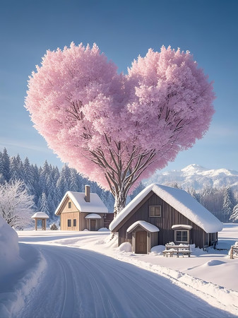 雪境中的心形浪漫樱花树