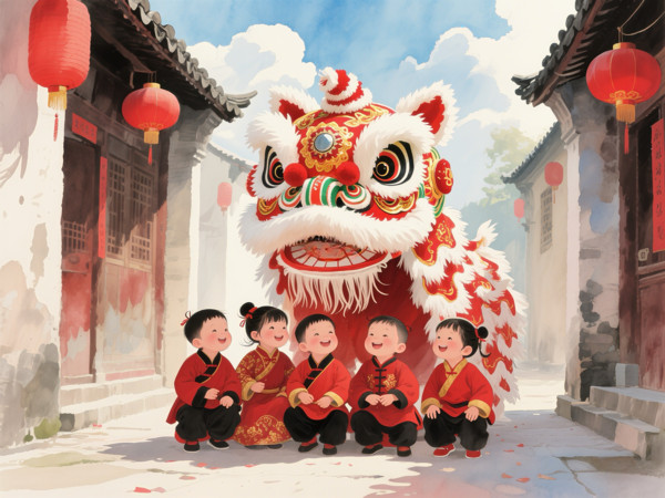 舞狮与孩童主题的年俗画