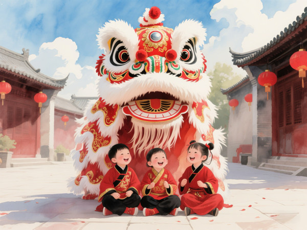 舞狮与童年玩伴主题的年画