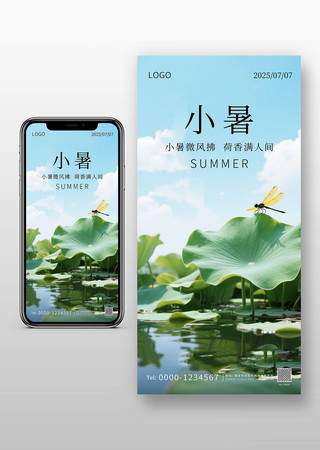 小暑简约荷花蜻蜓海报