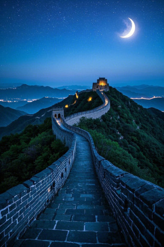 夜晚弯月可欣赏中国长城的景色