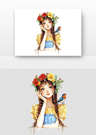 头戴鲜花的女孩旁边停着小鸟 头戴鲜花的女孩旁边停着小鸟