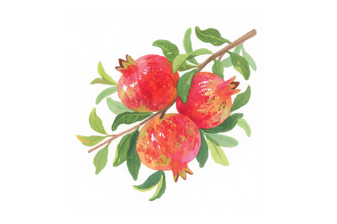 水彩绘枝头三颗红石榴 水彩绘枝头三颗红石榴