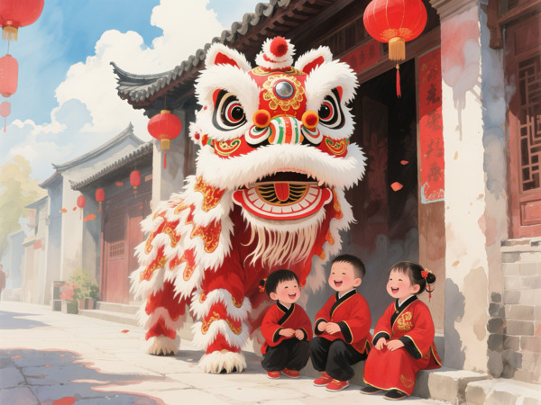 春节舞狮与玩伴主题的年俗画