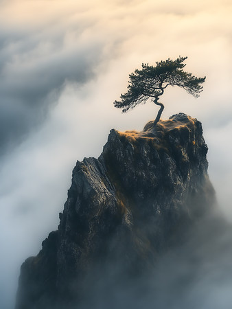 孤松屹立云雾缭绕山巅