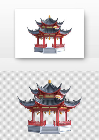 红色的中国传统亭子 PNG
