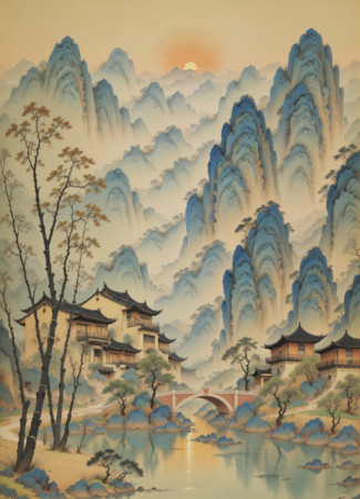 群山与古建筑主题的水墨画