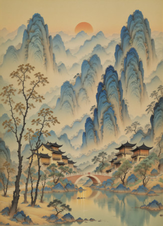 山水与古建筑主题的工笔画