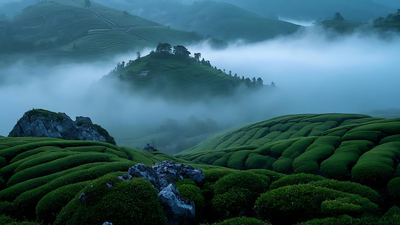 云雾缭绕的翠绿茶山风光