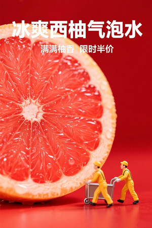 西柚饮品果茶促销宣传夏季活动红色背景海报