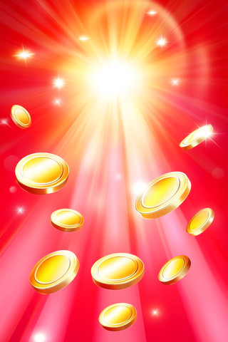 金色硬币在红光中飞舞的插画