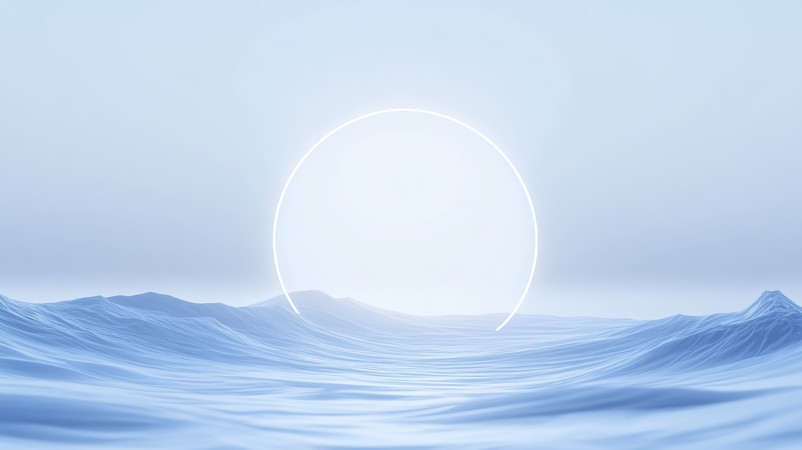 蓝调海洋与发光圆环的梦幻场景
