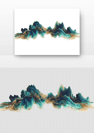 蓝绿色调抽象山水画