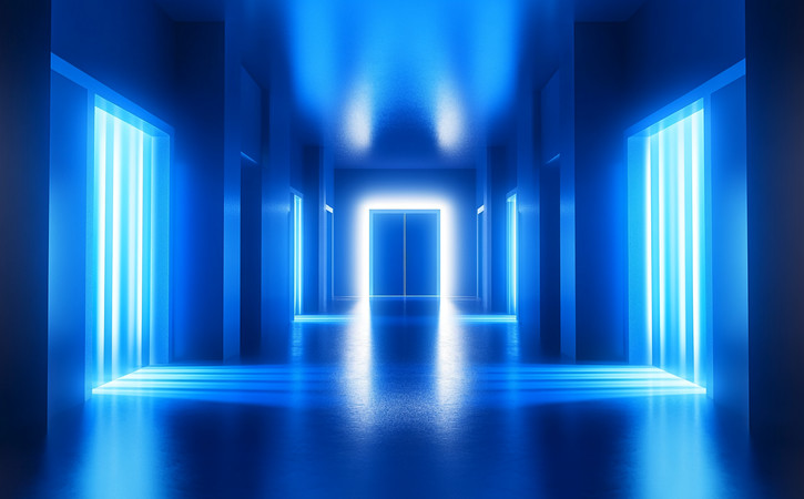 蓝色调的科幻风格走廊带有发光线条