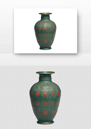 装饰有红色花朵图案的绿色陶瓷花瓶