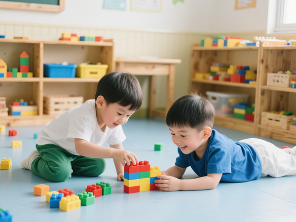 玩积木玩具的两个幼童