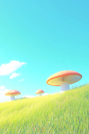 蓝天白云下草地蘑菇的梦幻场景