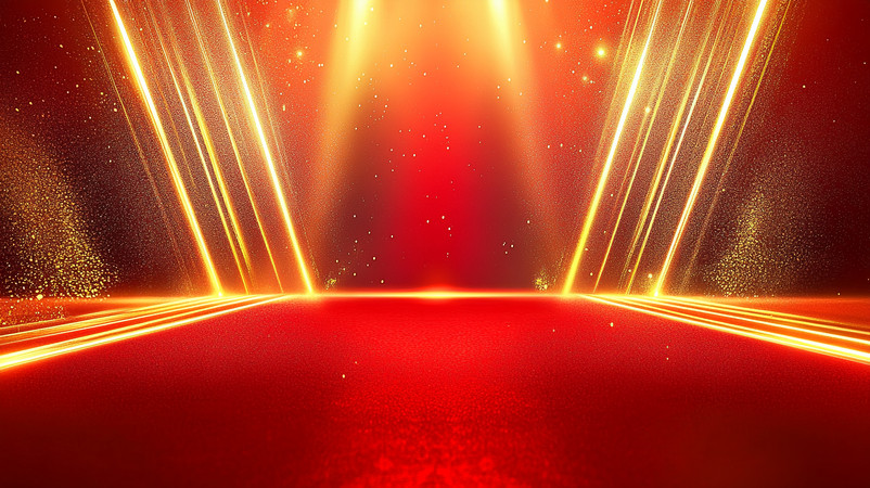 红色舞台背景金色光束与闪烁星光