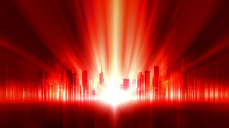 红色光束穿透城市天际线背景 红色光束穿透城市天际线背景