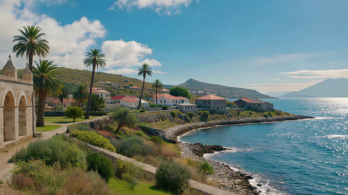海岸边带红顶房屋与棕榈树景观 海岸边带红顶房屋与棕榈树景观