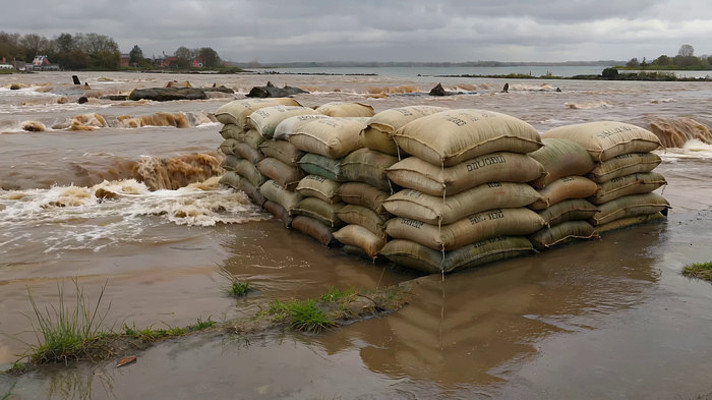 河边防洪沙袋抵御洪水