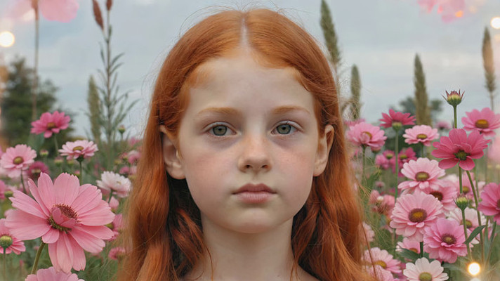 红发女孩置身粉色花海特写