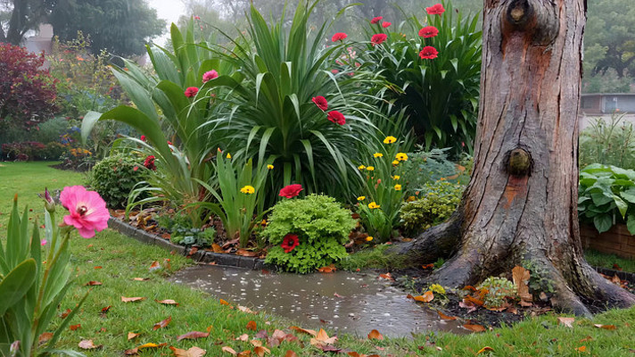 花园树木花卉雨中景象