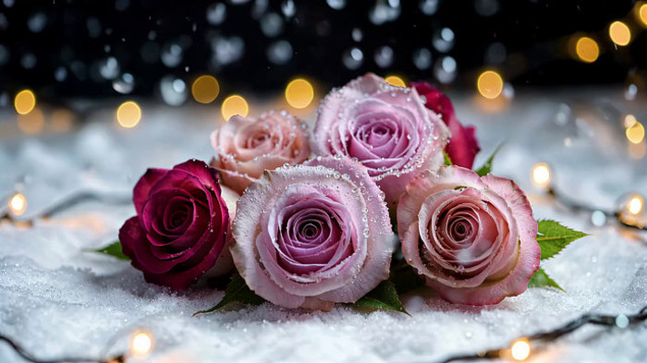 雪地中的多色带露玫瑰花 雪地中的多色带露玫瑰花