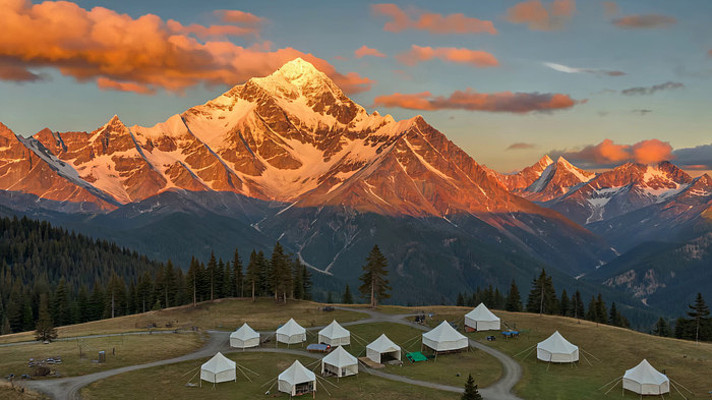 雪山下的露营营地风景