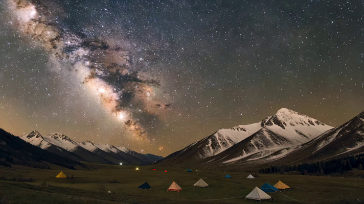雪山下露营地星空夜景