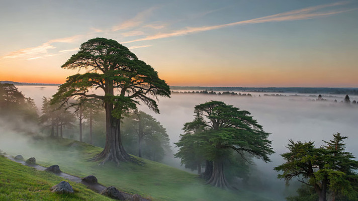 晨雾中树林与孤树自然风光 晨雾中树林与孤树自然风光