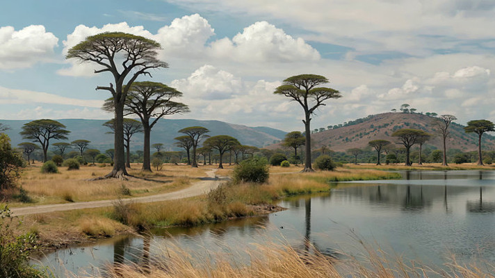 非洲草原树木湖泊自然景观 非洲草原树木湖泊自然景观
