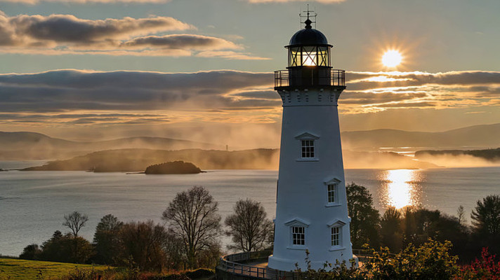 海边灯塔日落全景 海边灯塔日落全景