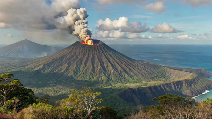海边火山喷发远景