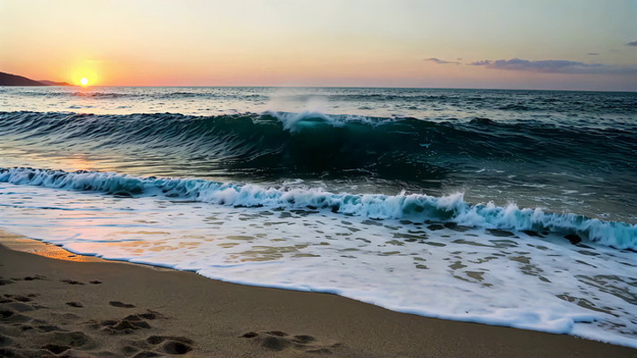 海边日落海浪拍打沙滩