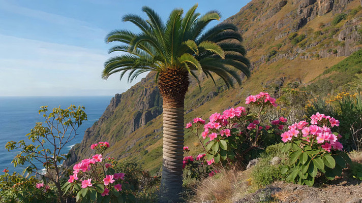 海边山崖棕榈树与粉色花卉 海边山崖棕榈树与粉色花卉