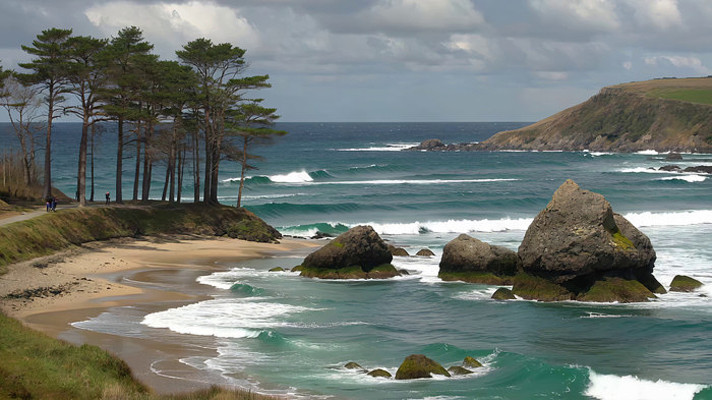 海边沙滩海浪与岸边树木景观 海边沙滩海浪与岸边树木景观