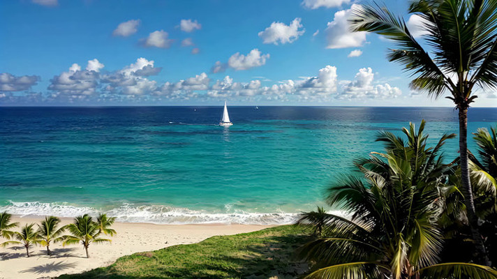 海边沙滩与海上帆船景观 海边沙滩与海上帆船景观