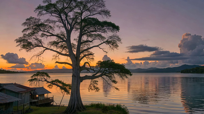 湖畔大树日落风景 湖畔大树日落风景