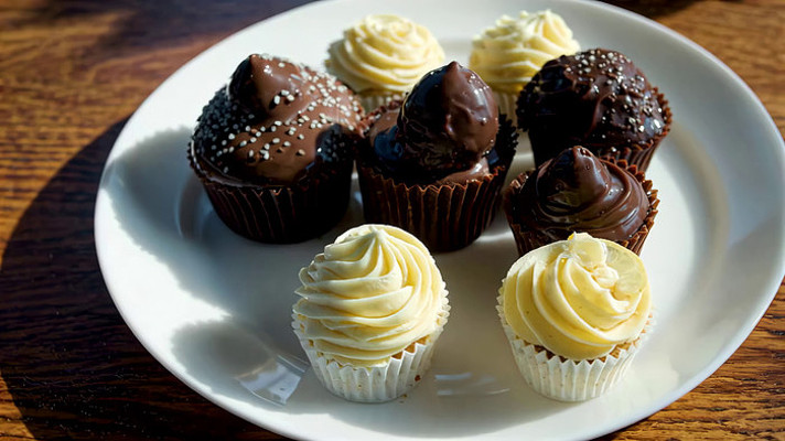 盘中美味巧克力及奶油纸杯蛋糕 盘中美味巧克力及奶油纸杯蛋糕
