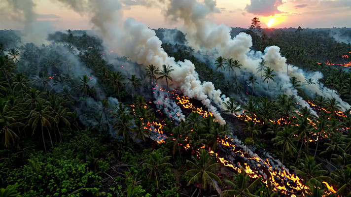 森林火灾日落时分俯瞰景象 森林火灾日落时分俯瞰景象